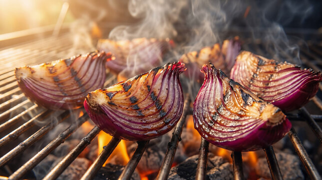 Grilled red onion wedges caramelized over barbecue flames with smoky sweetness, flavorful BBQ cookout vegetable side for 4th of July celebration and summer outdoor dining