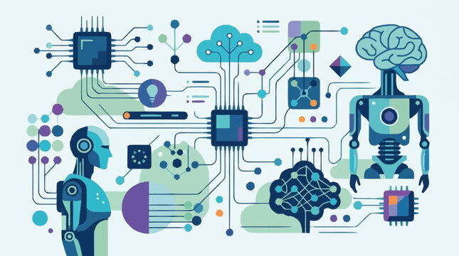 Artificial Intelligence Network with Robots and Brains.