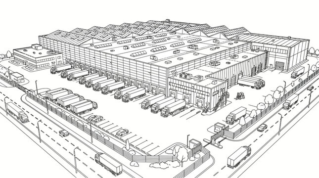 Detailed black and white line drawing of a large industrial warehouse and distribution center with numerous loading docks and semi-trucks.
