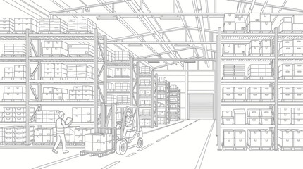 Obraz premium Line drawing of a busy warehouse interior with tall shelving units filled with boxes, a forklift moving goods, and a worker overseeing operations.