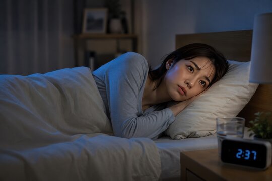 夜中に眠れず悩む日本人女性、不眠症・睡眠改善サービス向け広告イメージ