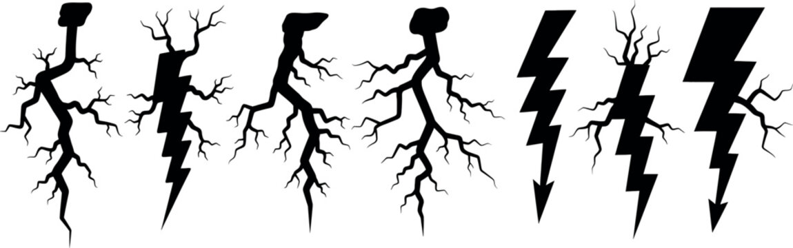 Silhouette of six lightning bolts with roots on isolated transparent background