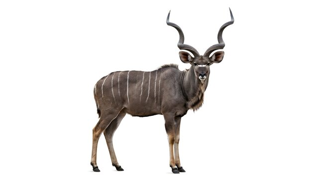 A male greater kudu standing tall with large spiral horns looking at the camera