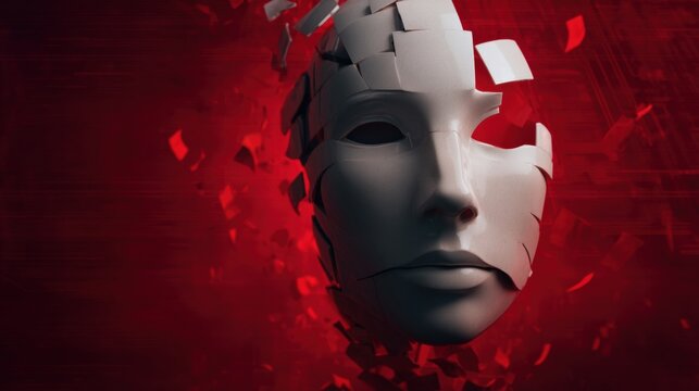 A fragmented white mask floats against a dark red background, with pieces breaking away, evoking themes of identity, fragmentation, and mystery.