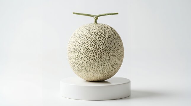 Whole cantaloupe melon on white pedestal background.