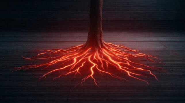 A glowing red network resembling tree roots extends from a dark tree trunk against a textured background.
