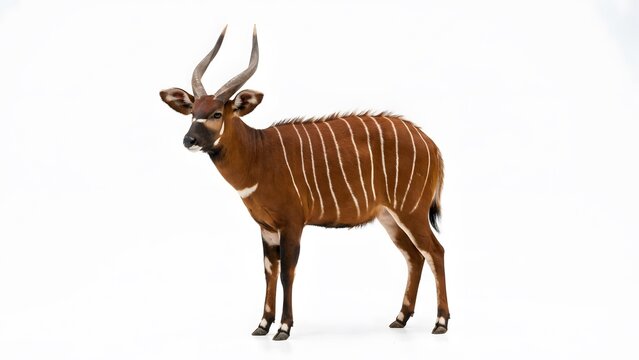 A beautiful bongo antelope standing in the forest with distinct white stripe patterns