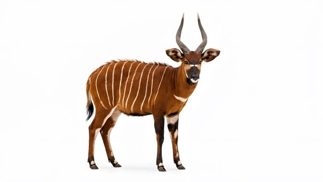 Full body side view of a beautiful bongo antelope standing and looking at camera