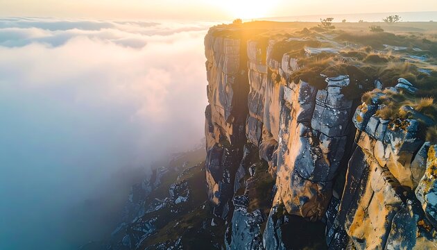 Cliffside landscape with foggy ocean view.