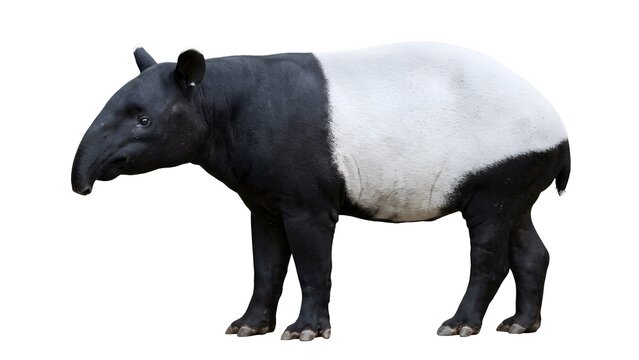 Malayan tapir standing in profile view showing its unique black and white fur pattern
