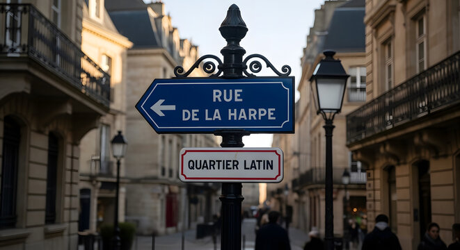 Traditional Parisian street sign for Rue de la Harpe and Quartier Latin in Paris