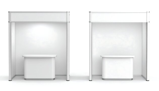 A 3D rendering of two identical white exhibition booths