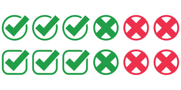 Checkbox and crossmark collection featuring green tick signs and red failure symbols on background