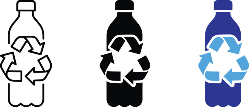 Plastic bottle recycling vector icons bundle featuring line art and fill colors
