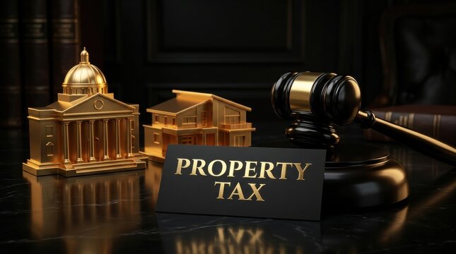 Property tax concept with golden house and government building models, judge gavel on dark desk, real estate law and taxation background