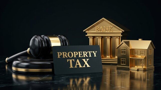 Property tax sign with golden house and bank models, judge gavel for real estate law, luxury financial concept for mortgage and debt