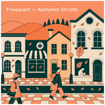 Freeport Autumn Strolls: Cozy Small Town Street Illustration with People Walking and Falling Leaves in Fall Season