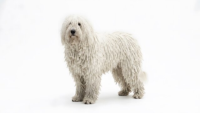 A fluffy komondor dog with long dreadlocks standing and looking at the camera