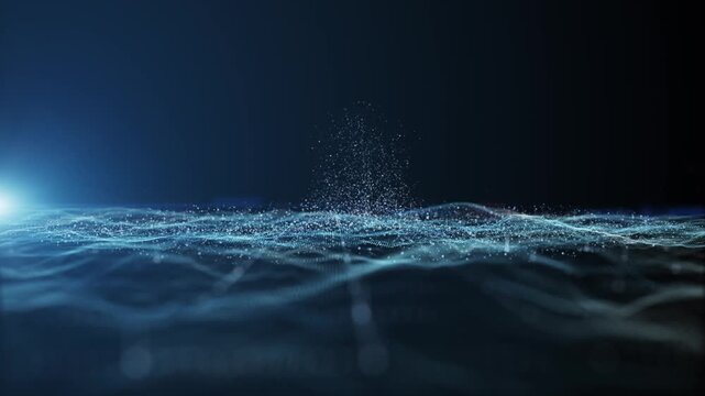 Abstract blue digital wave particle with glowing light background