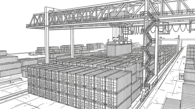 Cargo container yard with gantry crane line art illustration.