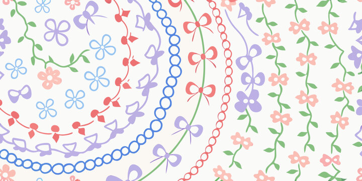 Floral ornament with ribbons and chains pastel vector pattern
