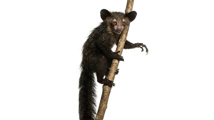 Fototapeta premium A rare aye-aye lemur climbing on a wooden tree branch in the wild