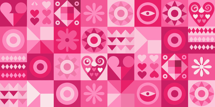 Pink geometric pattern with hearts flowers and abstract shapes