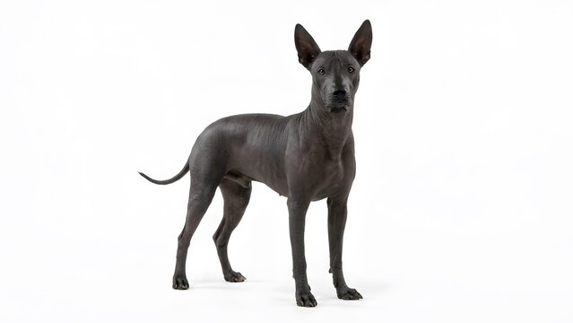 A beautiful black xoloitzcuintli hairless dog standing and looking at the camera