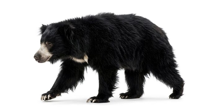 A large black sloth bear walking forward and looking to the side in the wild