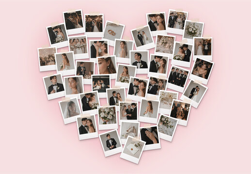 Love Heart Photo Collage Template, Wedding Scrapbook, Valentines Polaroid Instant Photo Moodboard Mockup