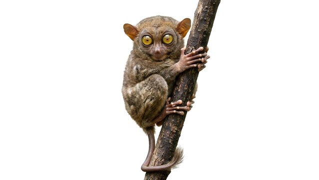 A small tarsier primate with big eyes gripping onto a thin tree branch in the wild
