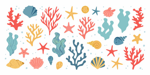 Coral Reef Elements And Shells Colorful Vector Illustration On White Background © Minati