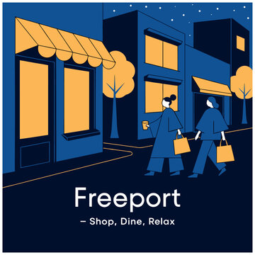 Minimalist Flat Vector Illustration of Women Shopping on a City Street at Night, Freeport Shop Dine Relax Tourism Concept