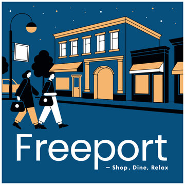 Flat Vector Illustration of Freeport Street with People Shopping at Night, Historic Storefronts and 'Shop, Dine, Relax' Tagline