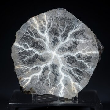 Close up of geode slice showing intricate white crystal vein patterns