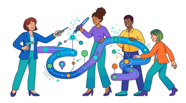 Diverse business professionals collaborating on a colorful winding project roadmap and data flow, using digital tools to map out a strategy in a flat corporate Memphis vector style.