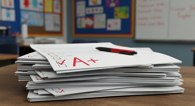 Graded homework papers with red marks stacked on wooden teacher desk in bright classroom