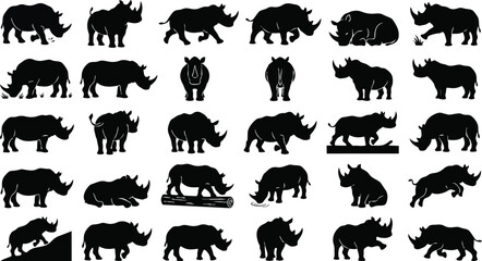 Obraz premium Rhino Silhouette Pose Set – Safari Horned Animal Black Vector Pack
