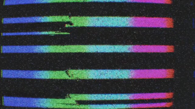 Retro Glitch Effect with Distorted Rainbow Scan Lines and Digital Noise, Ideal for Vaporwave Aesthetics and Cyberpunk Projects.