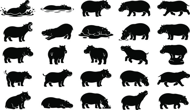 Hippo Silhouette Pose Set &ndash; River Wildlife Animal Black Vector Pack