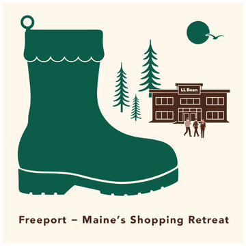 Freeport Maine Shopping Retreat Retro Vector Illustration featuring Giant Boot and LL Bean Flagship Store