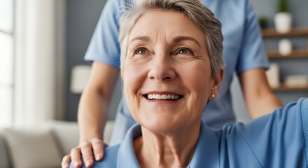 Fototapeta premium Smiling senior woman expressing gratitude during home physical therapy session in bright living room