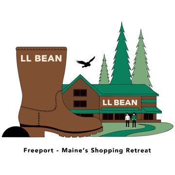 Freeport Maine Shopping Retreat Vector Illustration featuring the Iconic LL Bean Giant Boot and Flagship Store