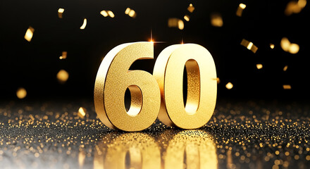 Obraz premium Stylish golden 3D number sixty floating above a dark, glittery surface with confetti sparkles for festive celebration or milestone event.