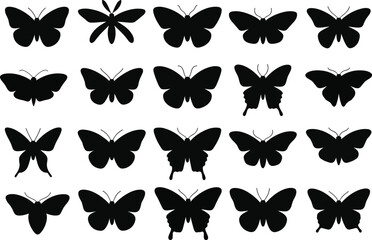 Collection Of Black Butterfly Silhouettes Against White Background © PixelNest