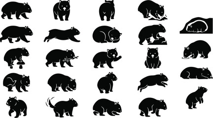 Obraz premium Wombat Silhouette Pose Set – Forest Burrow Animal Black Vector