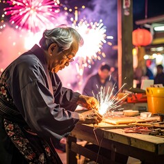 Fototapeta premium Elderly craftsman working with metal spark.
