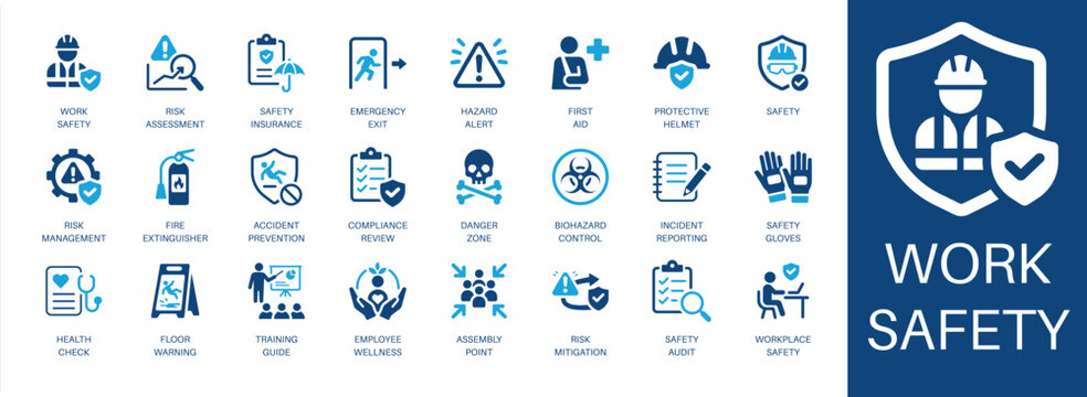 Work safety and protection solid icon set. Featuring risk assessment, emergency exit, first aid, hazard alert, and safety audit. Editable vector glyphs for compliance review and safety training.