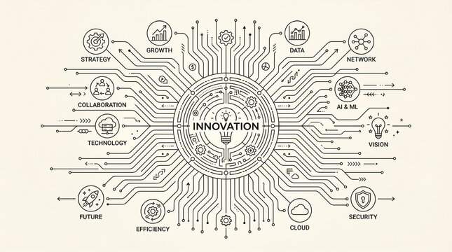 Innovation concept, circuit board design, technology icons, business strategy