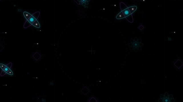 Abstract Quantum Physics Background with Atom Models and Particle Symbols